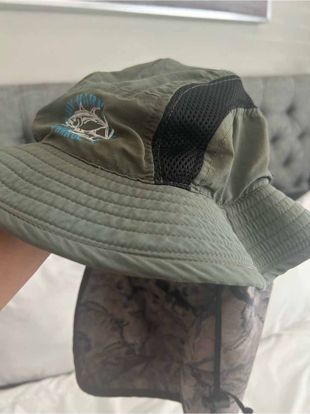 Guy Harvey Olive Green Mesh Sun Bucket Hat with Neck Flap